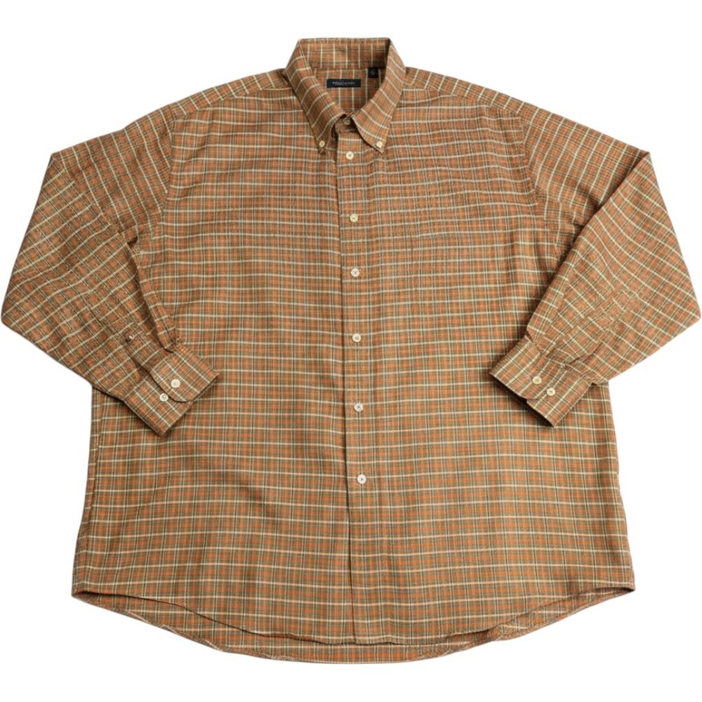 Burberry London Mens XL Plaid Button Down Shirt Orange Olive Green Made in USA